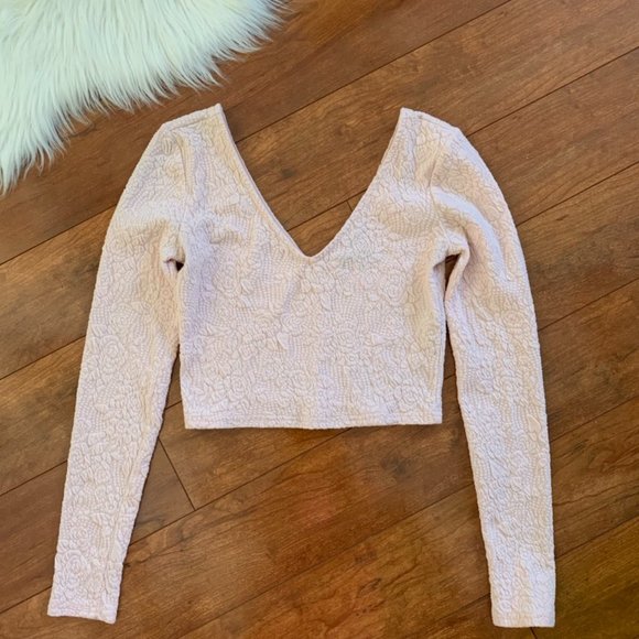 Forever 21 Pink Long Sleeve Double V-Neck Crop Top-Size S - Picture 1 of 7